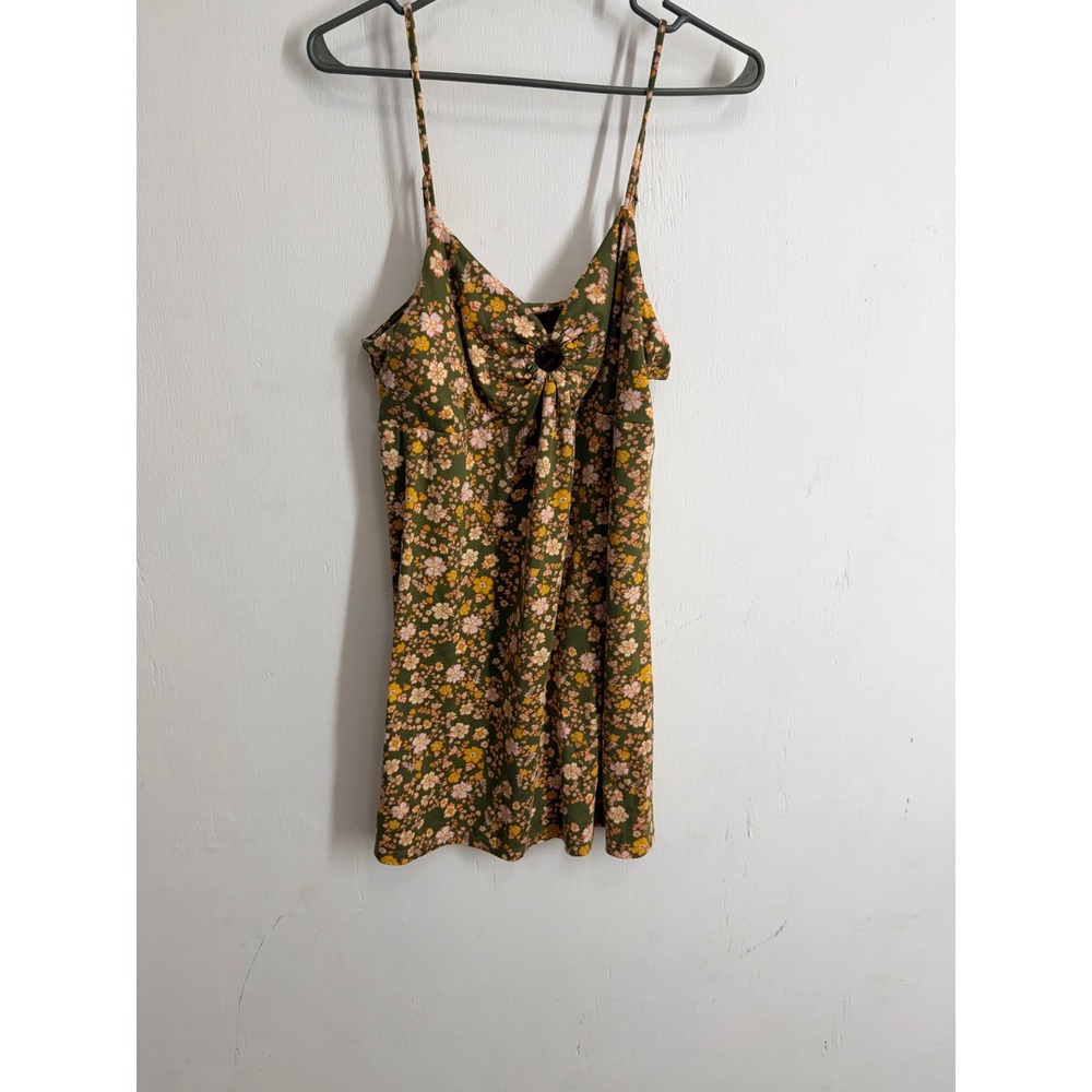 SO Floral Mini Dress Olive Green Pink Yellow O-Ring Cutout Strappy Sundress L